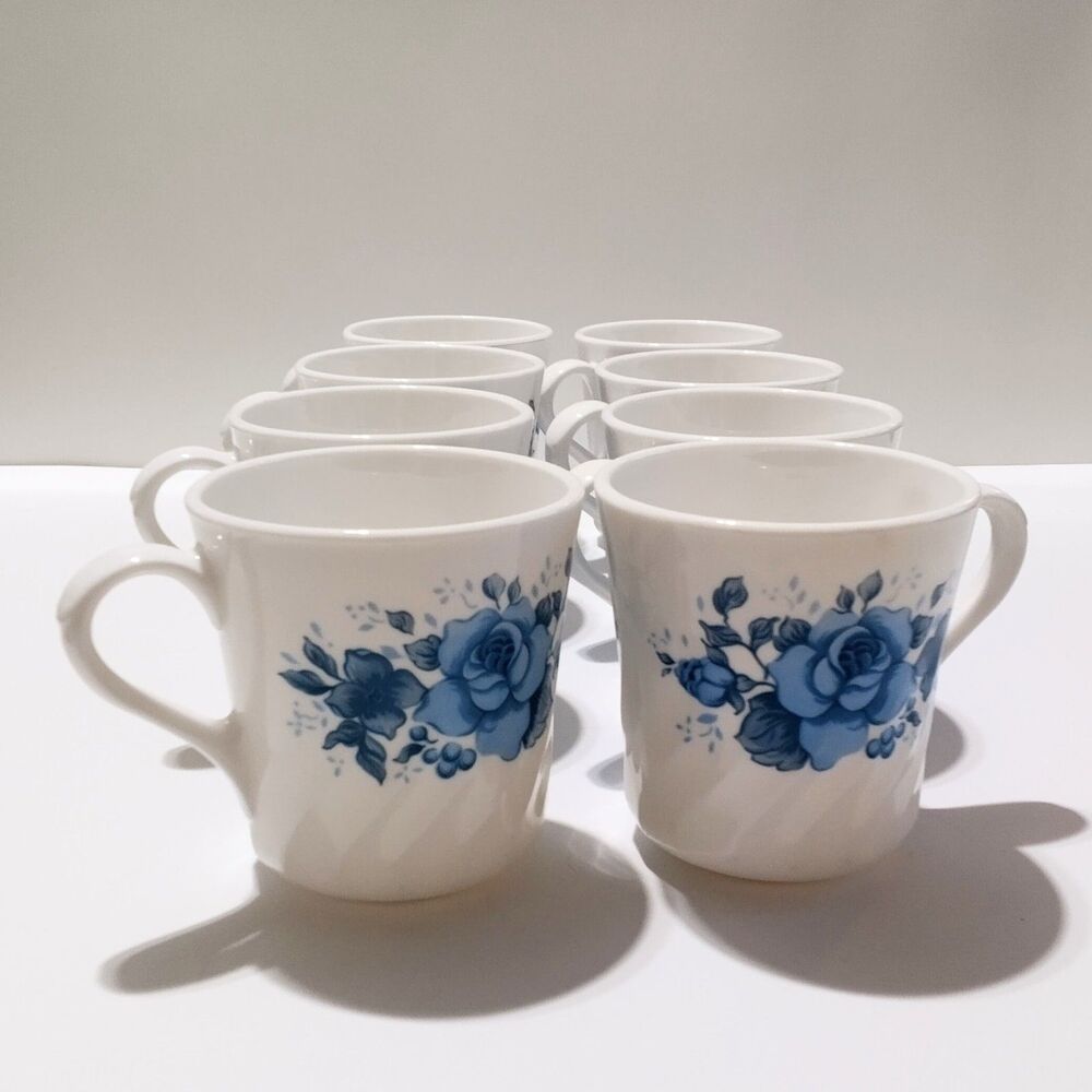 Set of 8 Vintage Corelle Blue Velvet Blue Rose Coffee Mugs Corning Ware